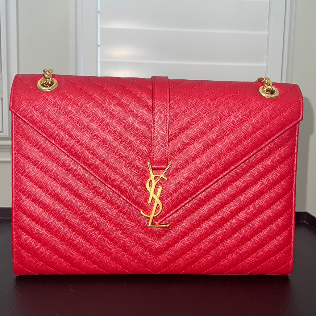 Ysl Grain De Poudre Matelasse Chevron Large Monogram Satchel Lipstick Red